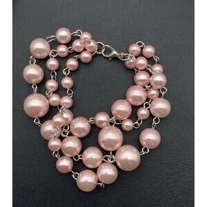 Silver Tone And Faux Pink Pearl Triple Layer Beaded Bracelet